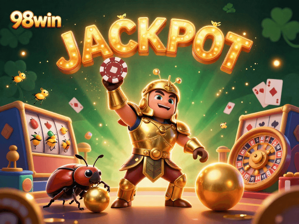 Engage in thrilling gameplay at 98win with cartoon characters celebrating a jackpot amidst colorful casino elements.