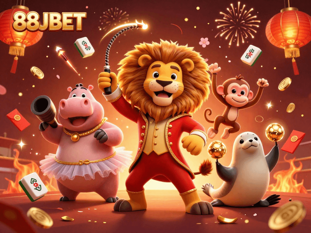 Experience exciting gaming moments with 88JBET's vibrant circus-themed illustration filled with fun and prizes.