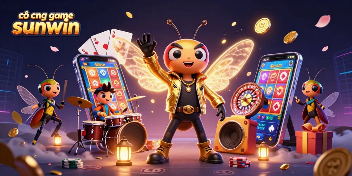Experience the thrill with cổng game sunwin through this vibrant 3D illustration of a rock star cicada in a casino setting.