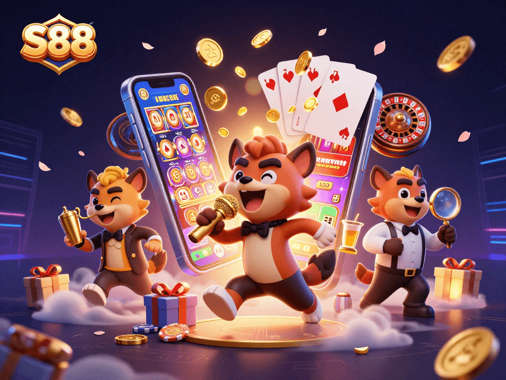 S88 hyenas navigating a vibrant comedy casino scene, showcasing slot games and lively interactions.