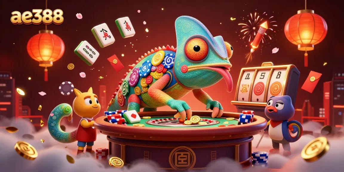 Engage with the vibrant world of ae388, featuring a colorful chameleon casino owner amidst a dynamic gambling scene.