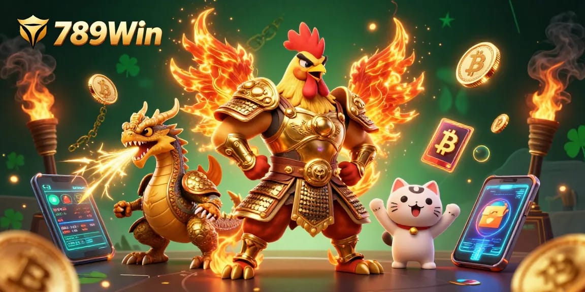 Experience the thrill of 789Win's casino adventure with a dynamic illustration showcasing a rooster warrior and dragon.