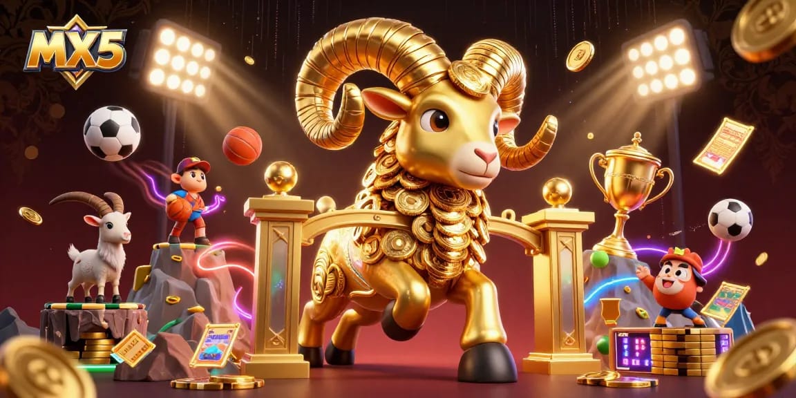 Experience the thrill at MX5 with a massive golden ram charging through game elements and celebrating victories.