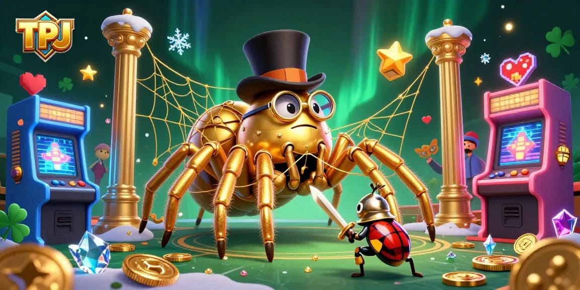 TPJ features a golden tarantula weaving a web and a beetle knight amidst vibrant casino elements