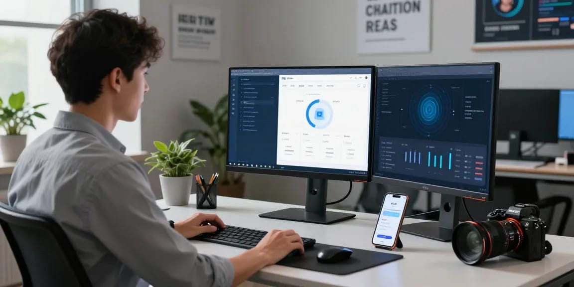 快连 application displayed on multiple screens in a modern workspace.