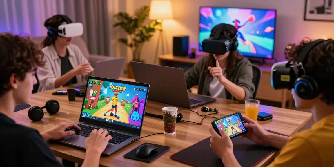 Diverse gamers enjoying lewdspot games on multiple devices in an inviting living room