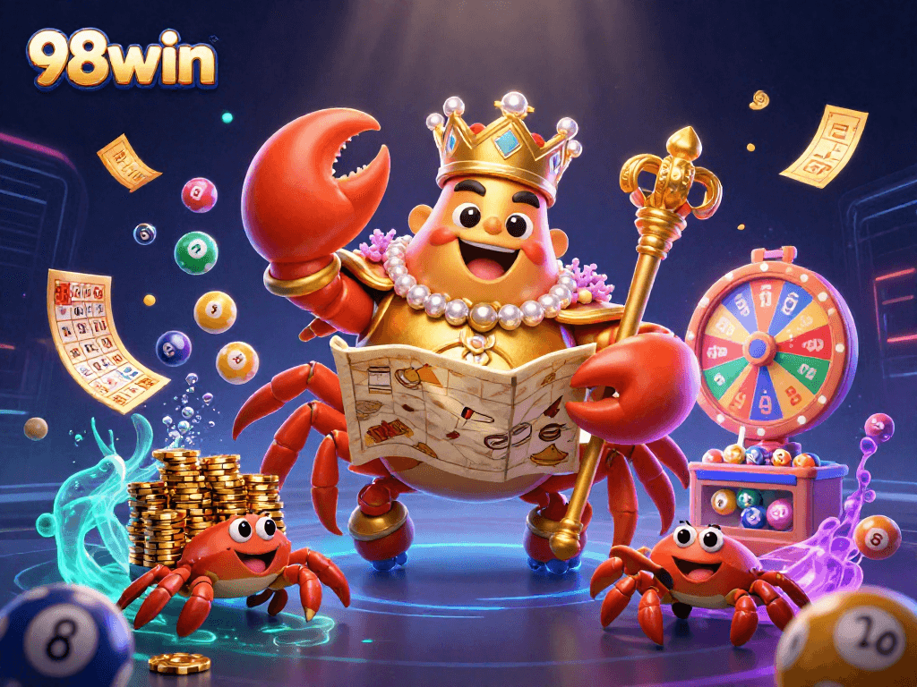 Experience the excitement of winning at 98win with vibrant casino elements and a golden crab emperor.