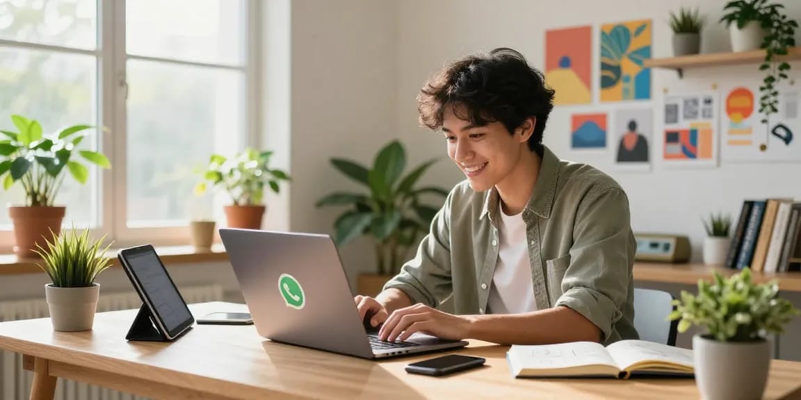 Person using WhatsApp網頁版 on a laptop in a vibrant home office, showcasing modern tech workspace.
