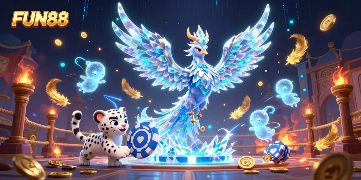Experience FUN88's gaming excitement with magical creatures and vibrant casino elements in a dynamic illustration.