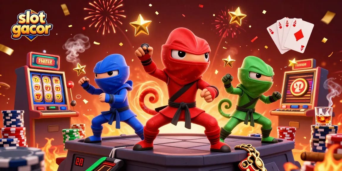 Engage with exciting slot gacor gameplay featuring synchronized ninja chameleons surrounded by vibrant casino elements.