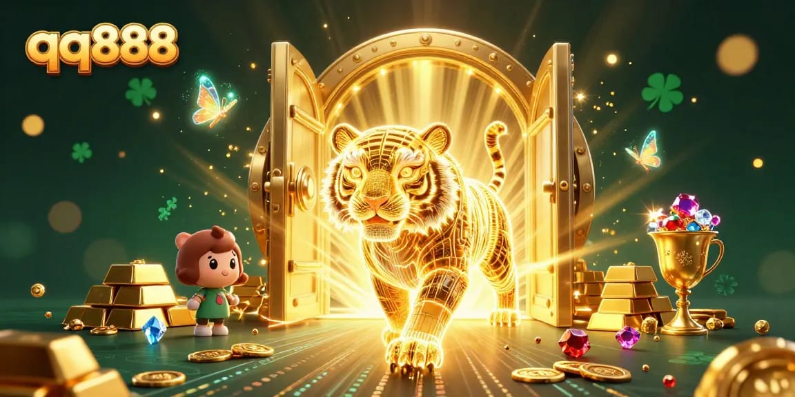 Experience thrilling gaming at qq888 with a neon tiger in a digital casino, surrounded by treasures.