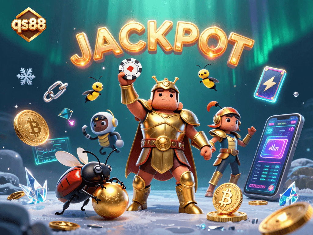 Experience big wins at qs88 casino with our animated characters celebrating a jackpot victory.