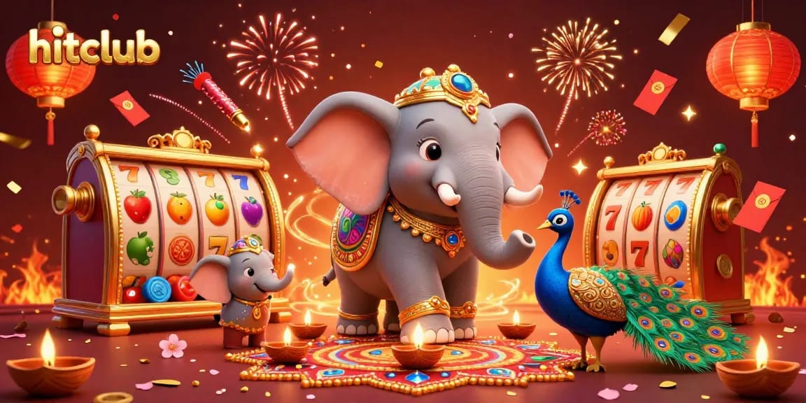 Engage with hitclub's vibrant 3D casino illustration featuring lucky slot symbols and festive decorations.
