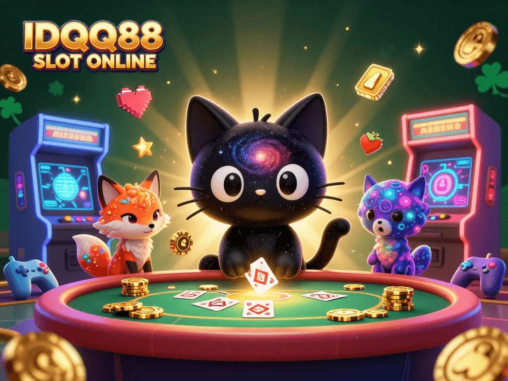 Engage with IDQQ88 SLOT ONLINE at a vibrant cosmic casino table featuring unique characters and lively game elements.
