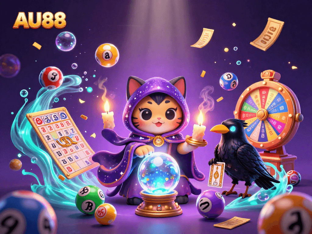 Experience magic and excitement with AU88, featuring dancing flames and a fortune teller cat amidst colorful lottery elements.