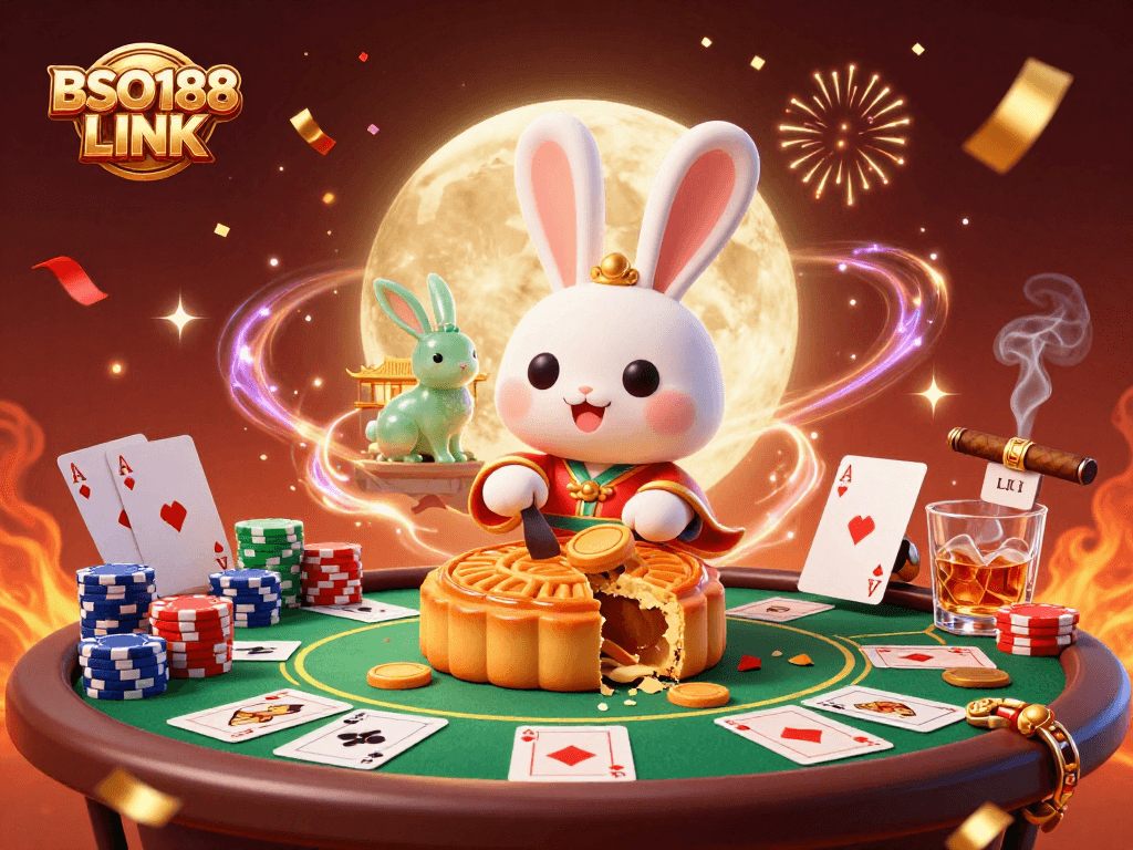 Celebrate wins with BSO188 LINK featuring a moon rabbit and poker magic in a lively casino scene.