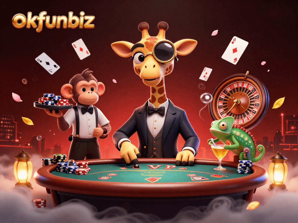 Experience vibrant betting action with okfunbiz at a luxurious casino scene featuring a stylish giraffe, monkey valet, and chameleon bartender.