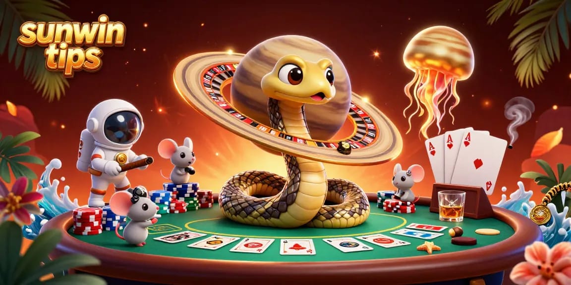 Experience sunwin tips with vibrant cartoon-style cosmic casino scene featuring playful gambling action.