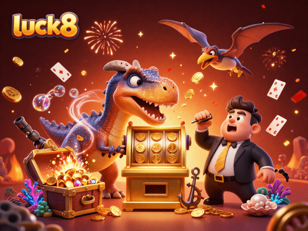 luck8 jackpot celebration scene with animated dinosaurs and coins flying