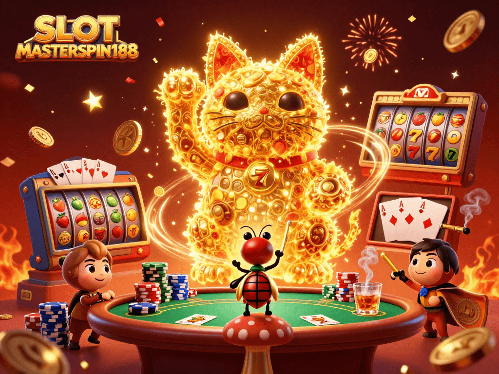 Experience excitement with SLOT MASTERSPIN188, a vibrant 3D scene of a lucky cat and slots.