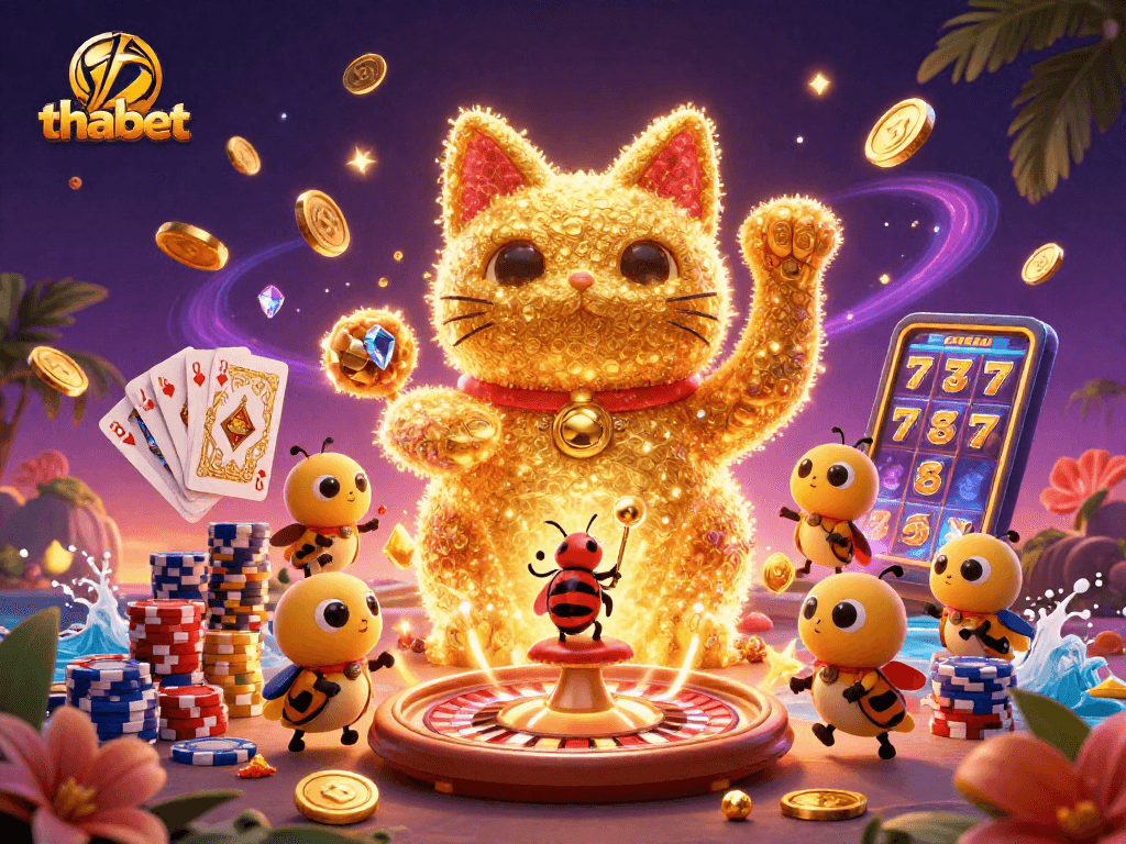 Join thabet's exciting realm as golden fireflies create a lucky cat surrounded by casino treasures.