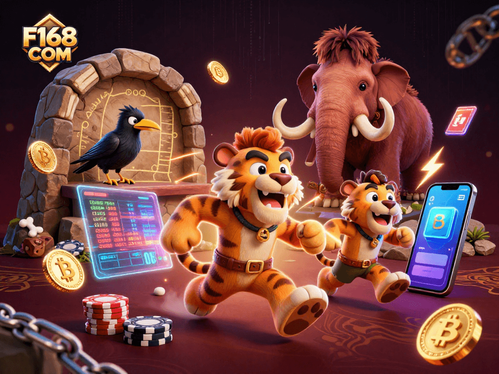 Engage in gaming excitement at F168 COM with 3D cartoon characters in a unique casino illustration.