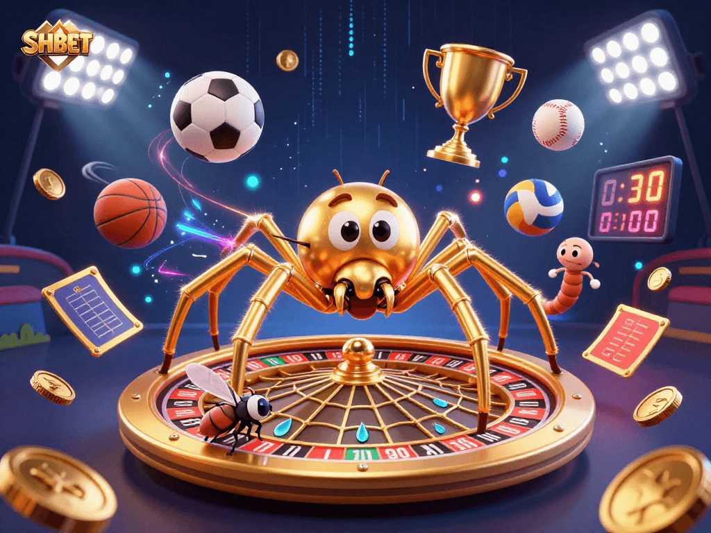 SHBET players spin to win in an exciting casino-themed 3D illustration.