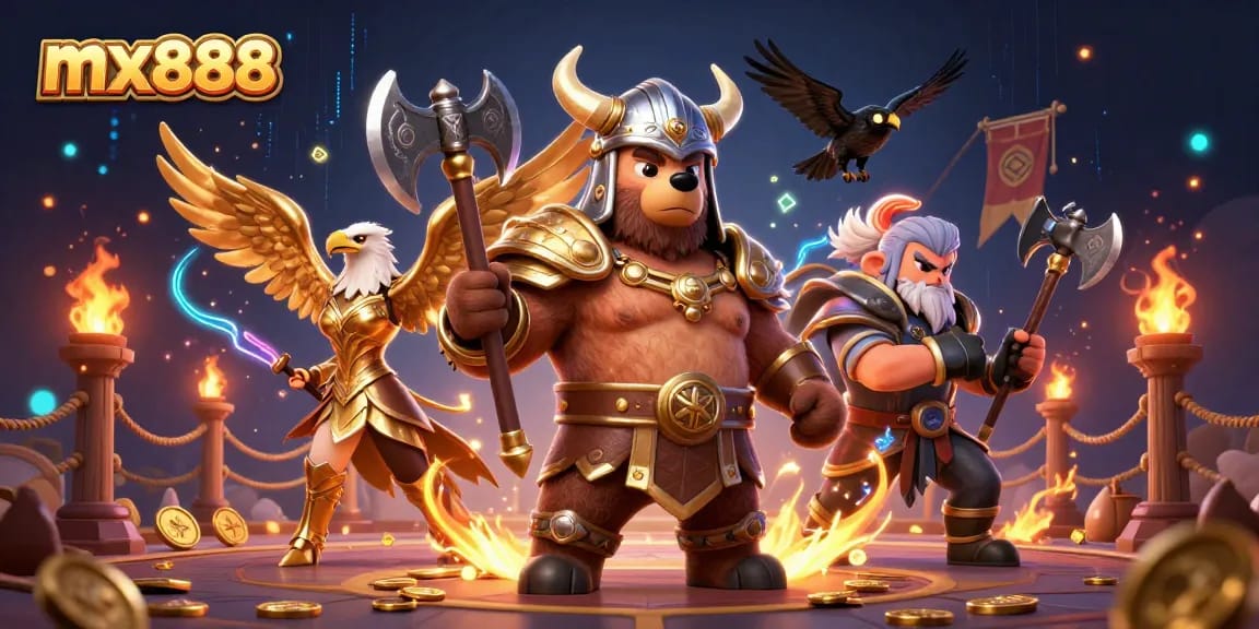 Experience thrilling gaming with mx888 featuring a Viking bear and Valkyrie eagle in a vibrant casino scene.