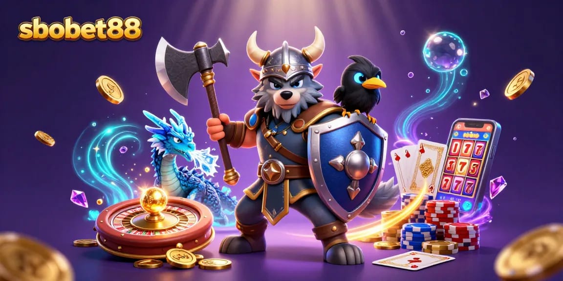 Experience exciting gameplay with sbobet88 featuring a Viking warrior, dragon, and dynamic casino elements.