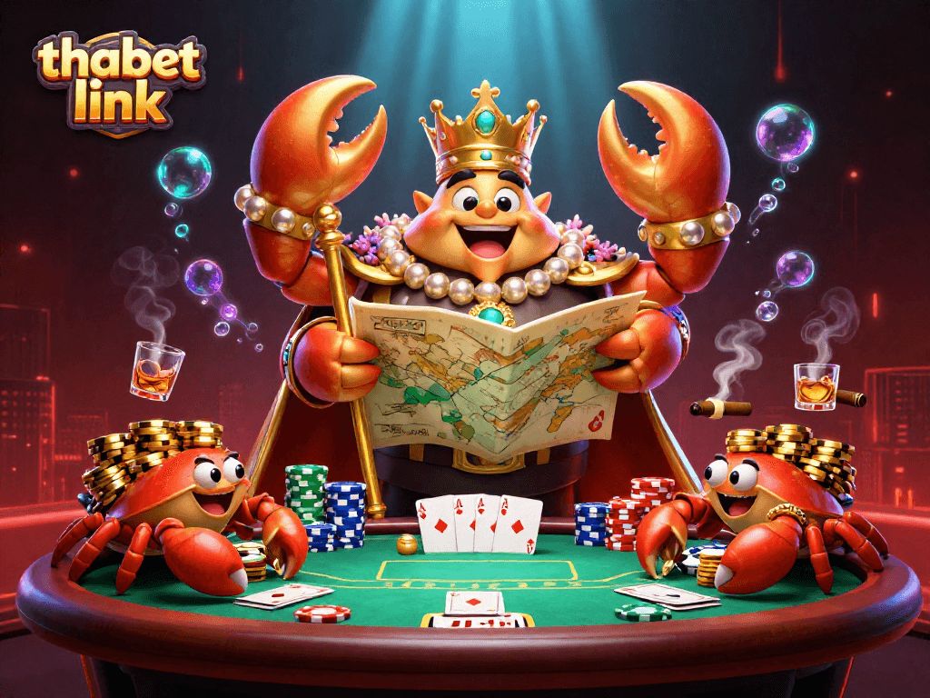 Engage with the thabet link amidst a vibrant casino scene featuring a golden crab emperor, poker elements, and treasure maps.