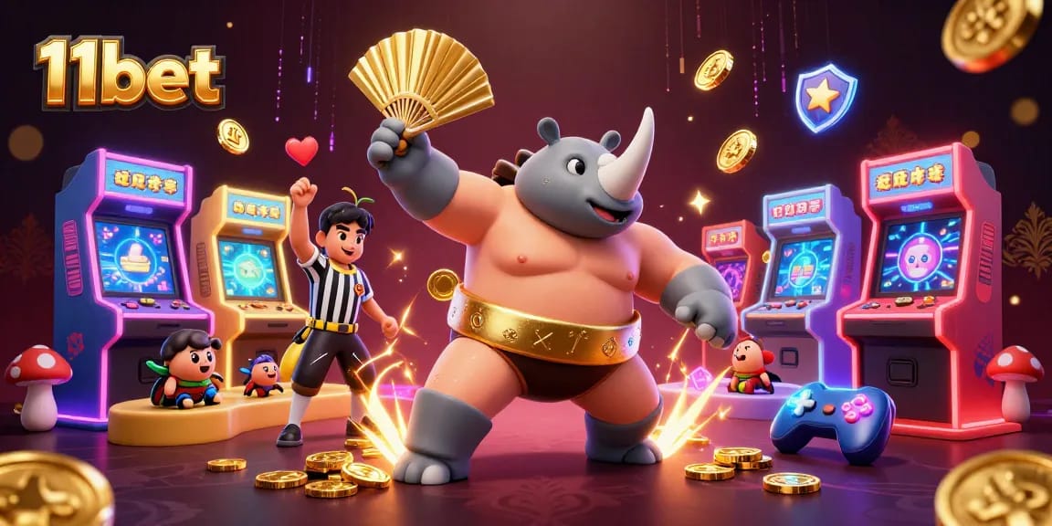 Engage with 11bet's vibrant casino atmosphere featuring a beetle sumo champion and arcade games.