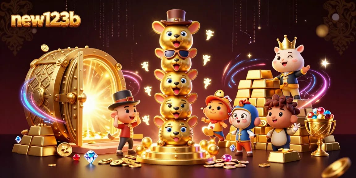 Experience wins with new123b in this vibrant 3D casino scene filled with treasures and game elements.