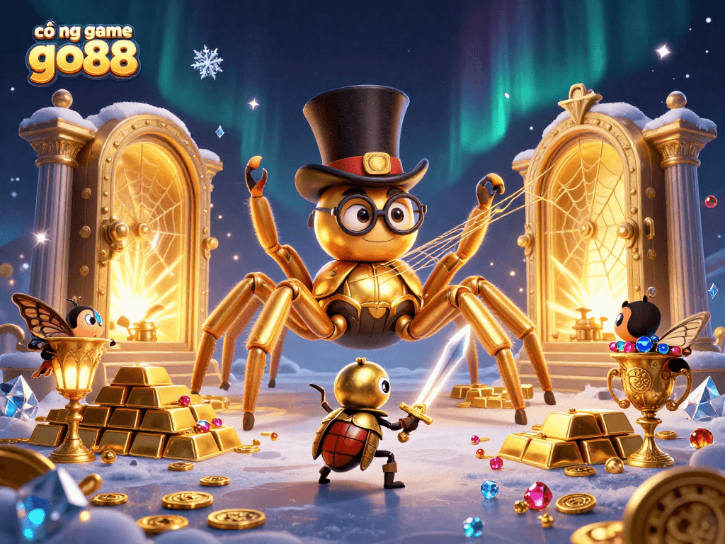 Engage with cổng game go88 in a vibrant 3D fantasy scene featuring treasures and brave characters.