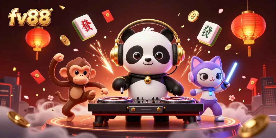 Experience thrilling gaming with fv88 featuring DJ panda and lively casino elements.