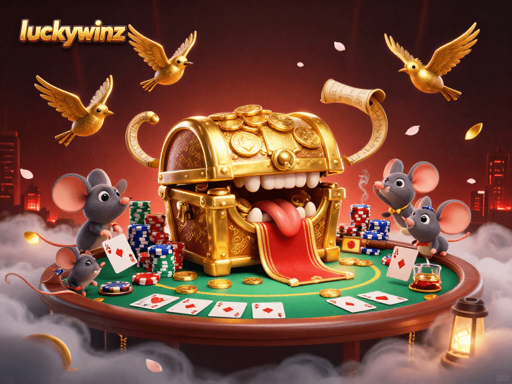 Engage with luckywinz as adventurer mice approach a treasure chest amidst a vibrant casino scene.