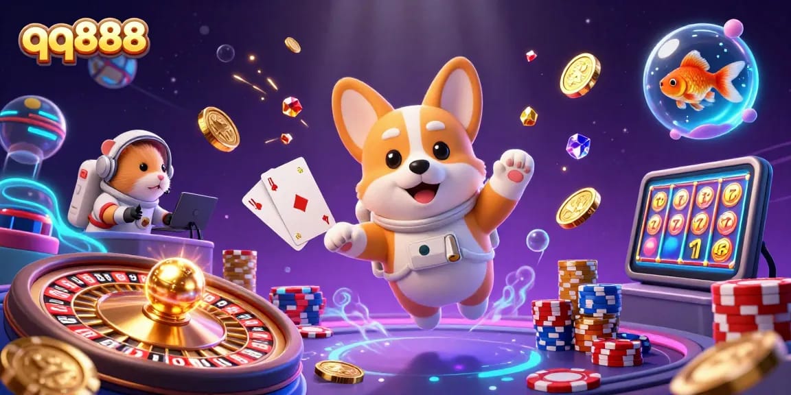 Experience thrilling gameplay with qq888 in a vibrant 3D casino scene featuring an astronaut corgi, poker chips, and exciting games.