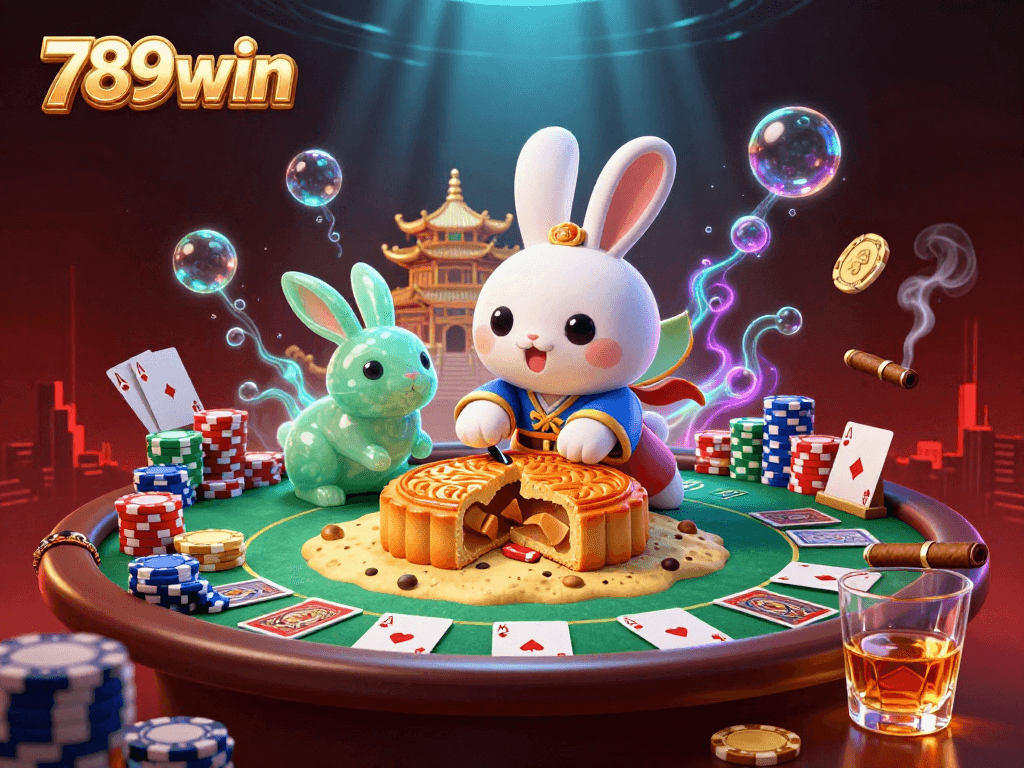 Experience thrilling gaming at 789win with the moon rabbit celebrating wins in a vibrant casino scene.