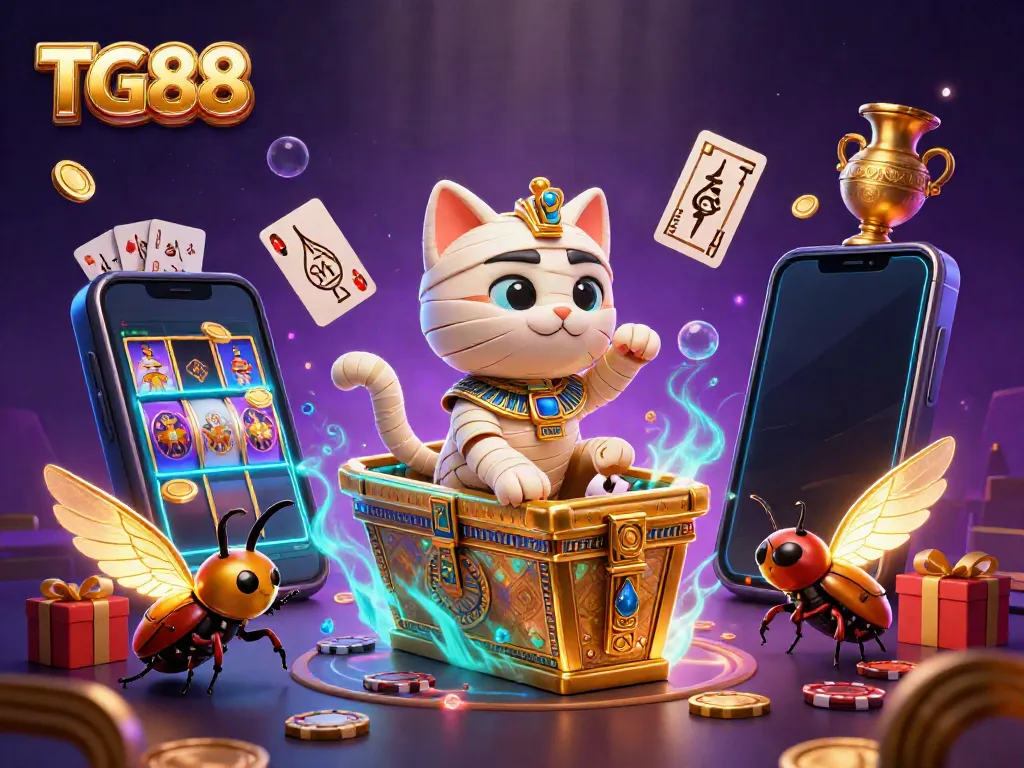 Experience winning moments with TG88's vibrant casino scene featuring a mummy cat and golden treasures.