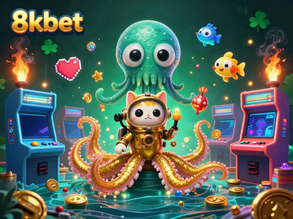 Discover the thrilling world of 8kbet with a colossal kraken, diving cat, and underwater game elements.