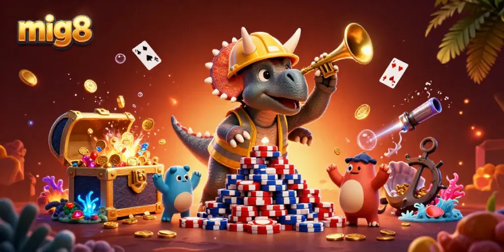 Mig8's lively gaming scene shows a triceratops and friends celebrating amid a treasure of poker chips and casino symbols.