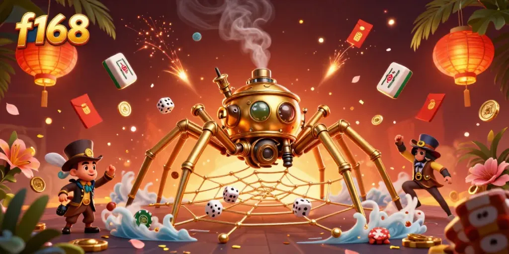 Experience the thrilling action of f168 with a steampunk spider catching dice in a vibrant casino setting.