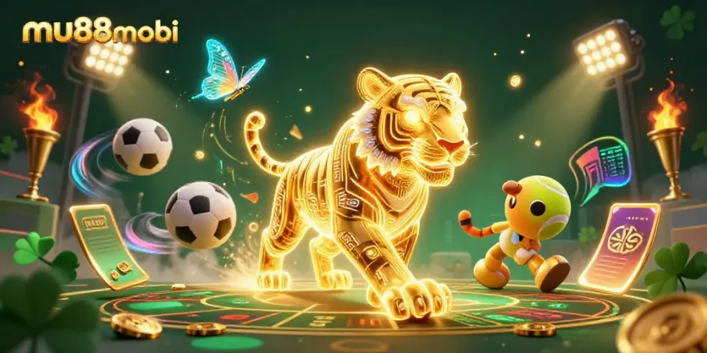 Experience mu88mobi's dynamic casino scene with a golden tiger and sports elements highlighting excitement.