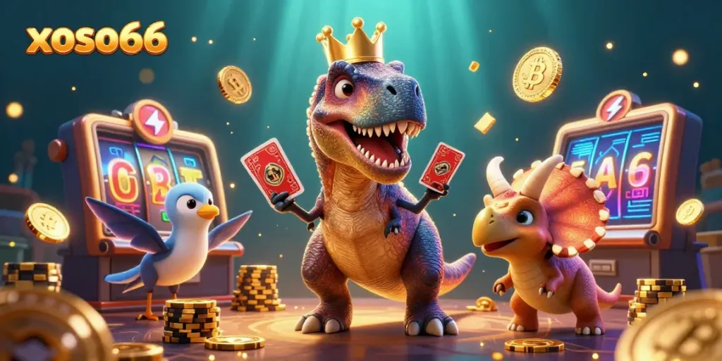 Experience thrilling gaming action at xoso66 with T-Rex shuffling cards and vibrant casino elements.