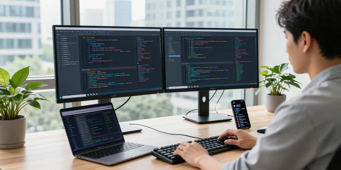 快连 network optimization tools in a modern tech workspace, showcasing a developer coding with dual monitors and a laptop.