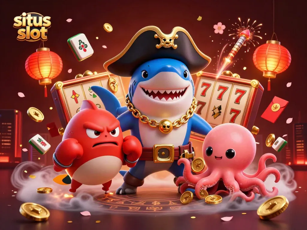 Engage with situs slot featuring a pirate shark, a pufferfish, and an octopus amidst vibrant casino elements.