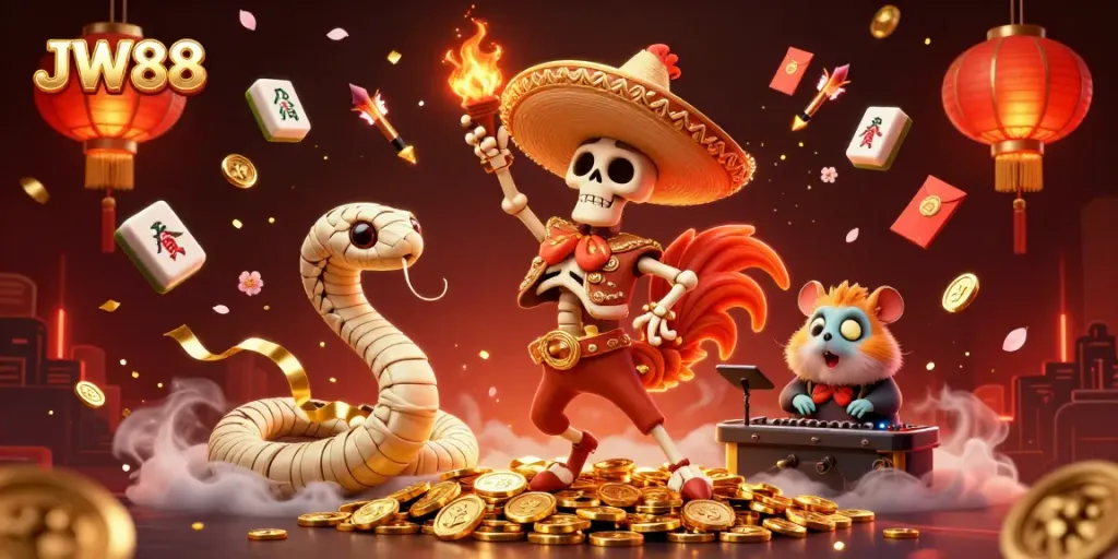 Experience the lively celebration of JW88 with vibrant gambling elements, showcasing a lucky mariachi rooster and festive decor.