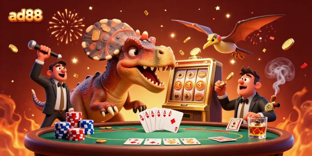 Experience the excitement of ad88 with a cartoon dinosaur gambling at a slot machine amid flying coins.
