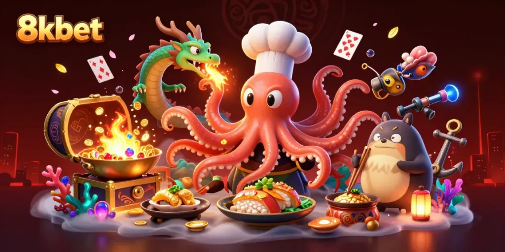 Join the thrill of 8xbet casino as the octopus chef conjures golden dishes amid dazzling treasures.