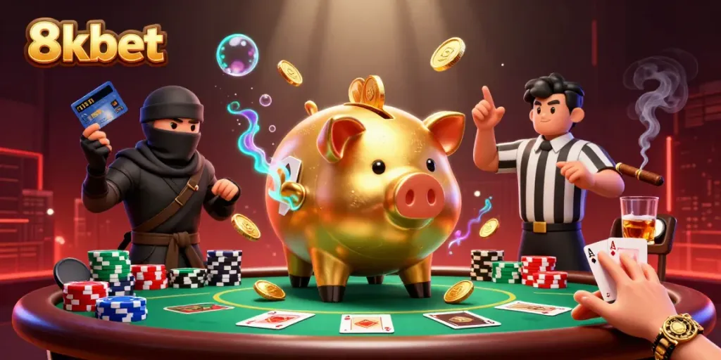 Experience thrilling action at 8xbet with a sumo wrestler, ninja, and referee in a dynamic casino scene.