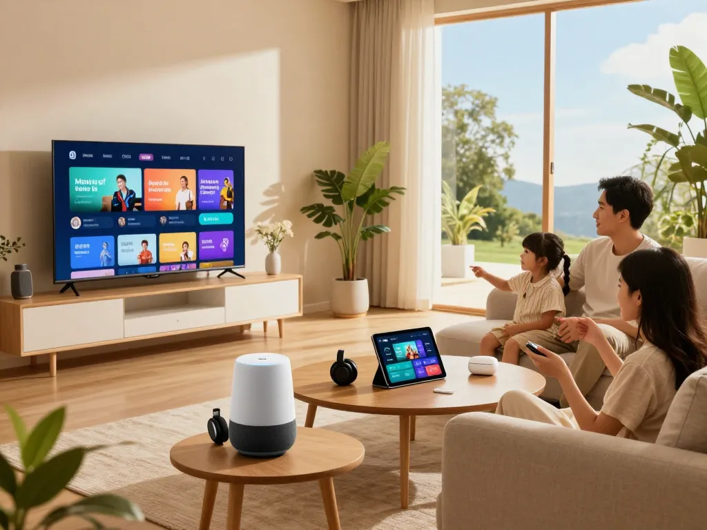 Family enjoying tech gadgets for home in a cozy living room setting.